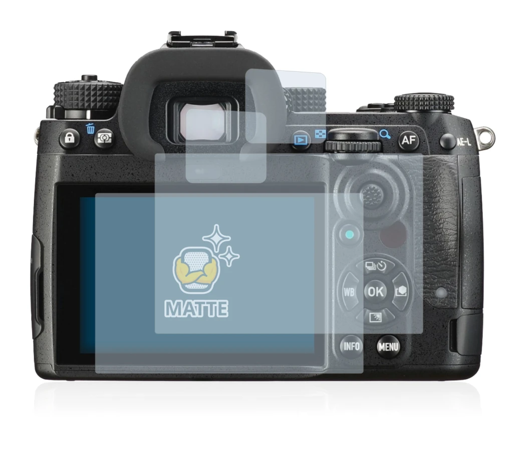 Image of the device Pentax K-3 Mark III with a wide variety of screen protectors.