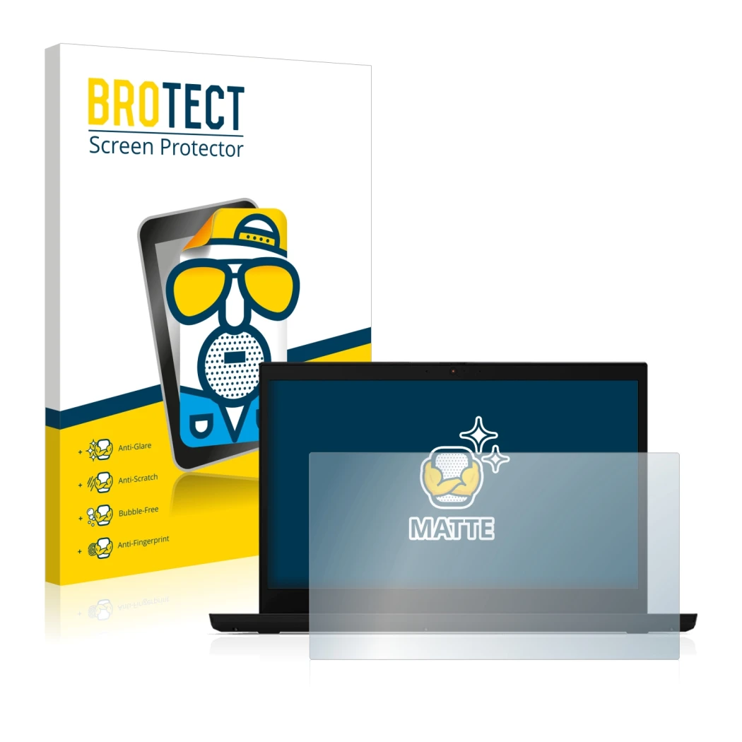 Front side of a product packaging with the brand logo BROTECT. Next to it is the device Lenovo ThinkPad L15 shown with the cor