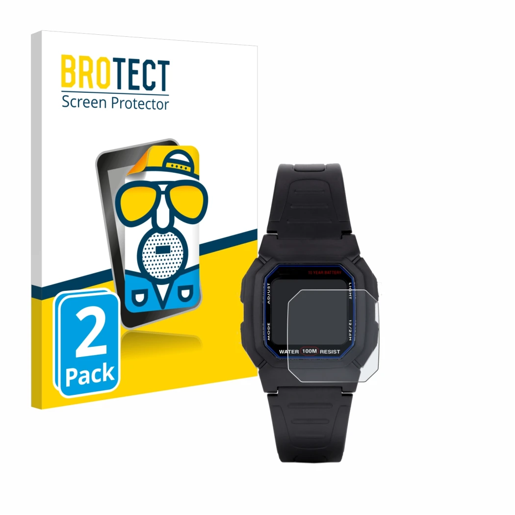 Front side of a product packaging with the brand logo BROTECT. Next to it is the device Casio W-800H-1AVES shown with the corr