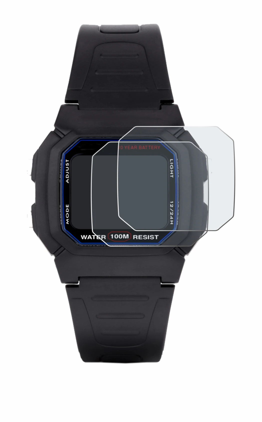 Image of the device Casio W-800H-1AVES with a wide variety of screen protectors.