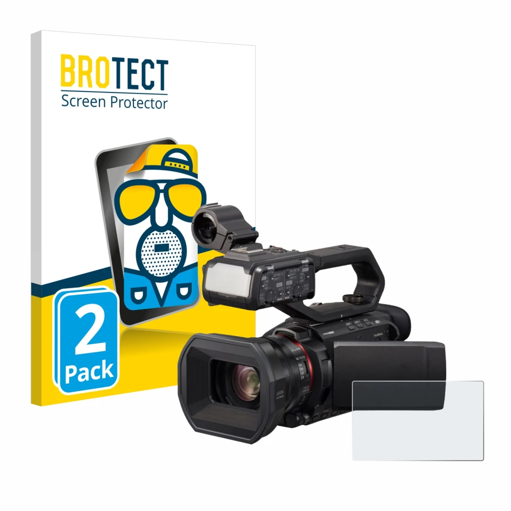 Front side of a product packaging with the brand logo BROTECT. Next to it is the device Panasonic HC-X2000 shown with the corr