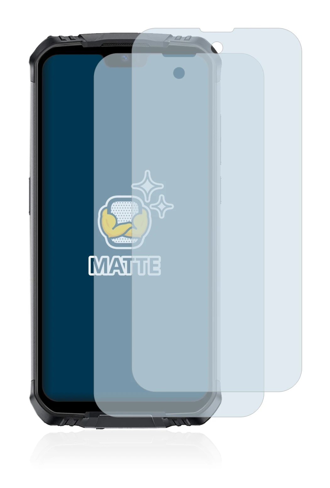 Image of the device Doogee S59 Pro with a wide variety of screen protectors.