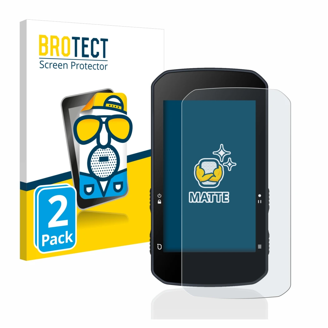 Front side of a product packaging with the brand logo BROTECT. Next to it is the device Bryton Rider 750 shown with the corres