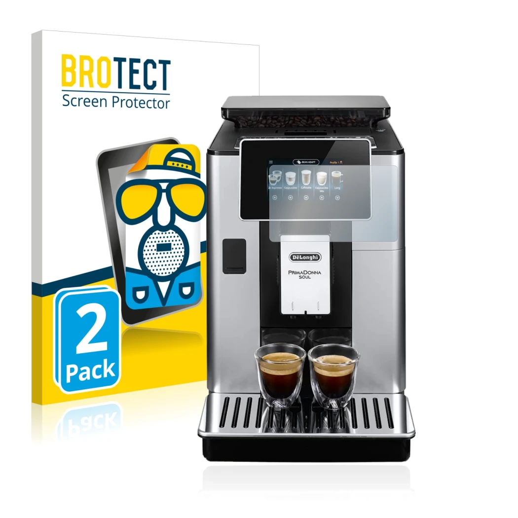 Front side of a product packaging with the brand logo BROTECT. Next to it is the device DeLonghi PrimaDonna Soul ECAM610.55.SB