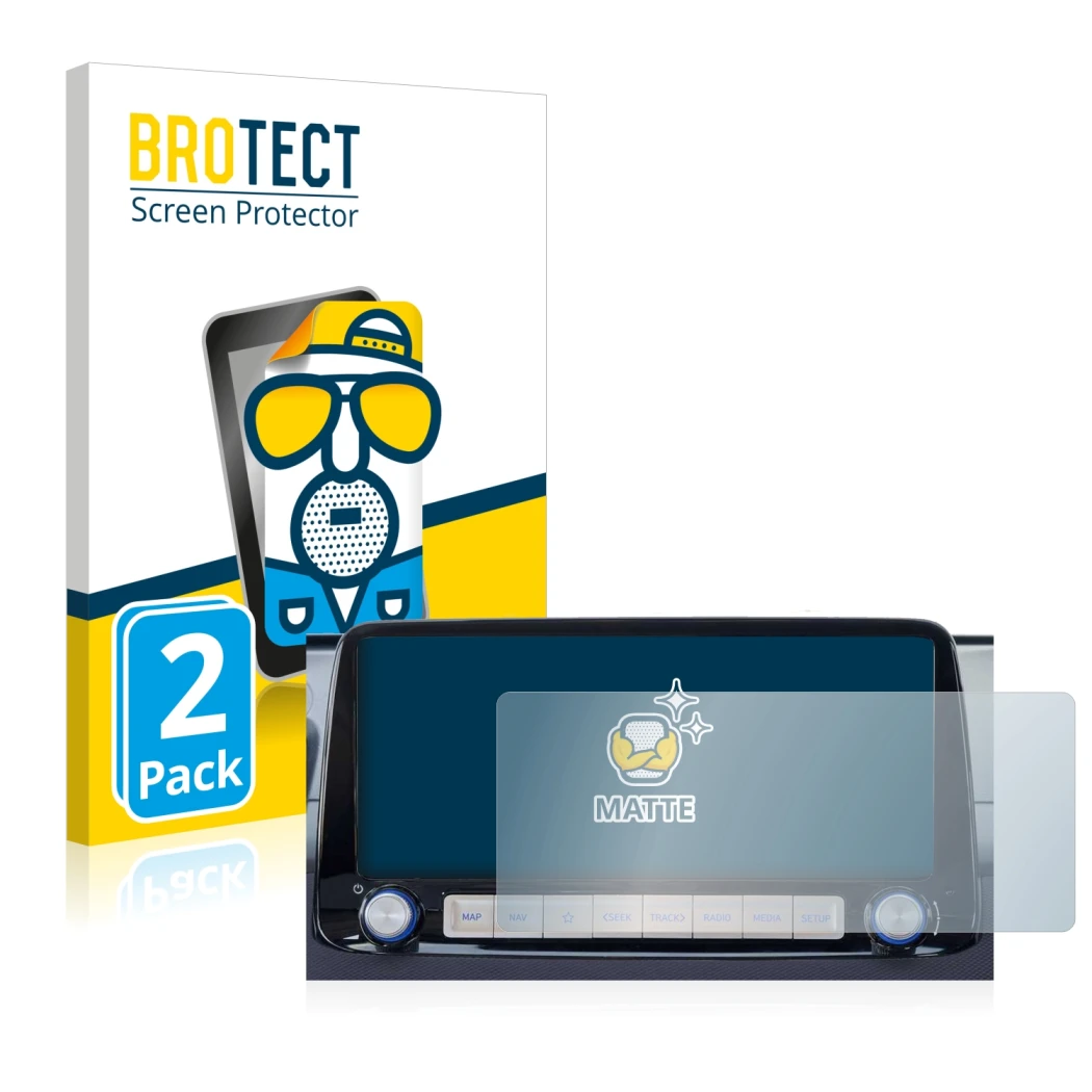 Front side of a product packaging with the brand logo BROTECT. Next to it is the device Hyundai Kona 2020 Infotainment System