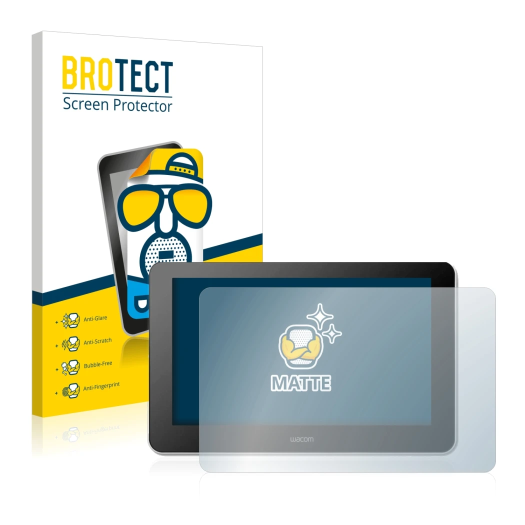 Front side of a product packaging with the brand logo BROTECT. Next to it is the device Wacom One Creative Pen Display shown w