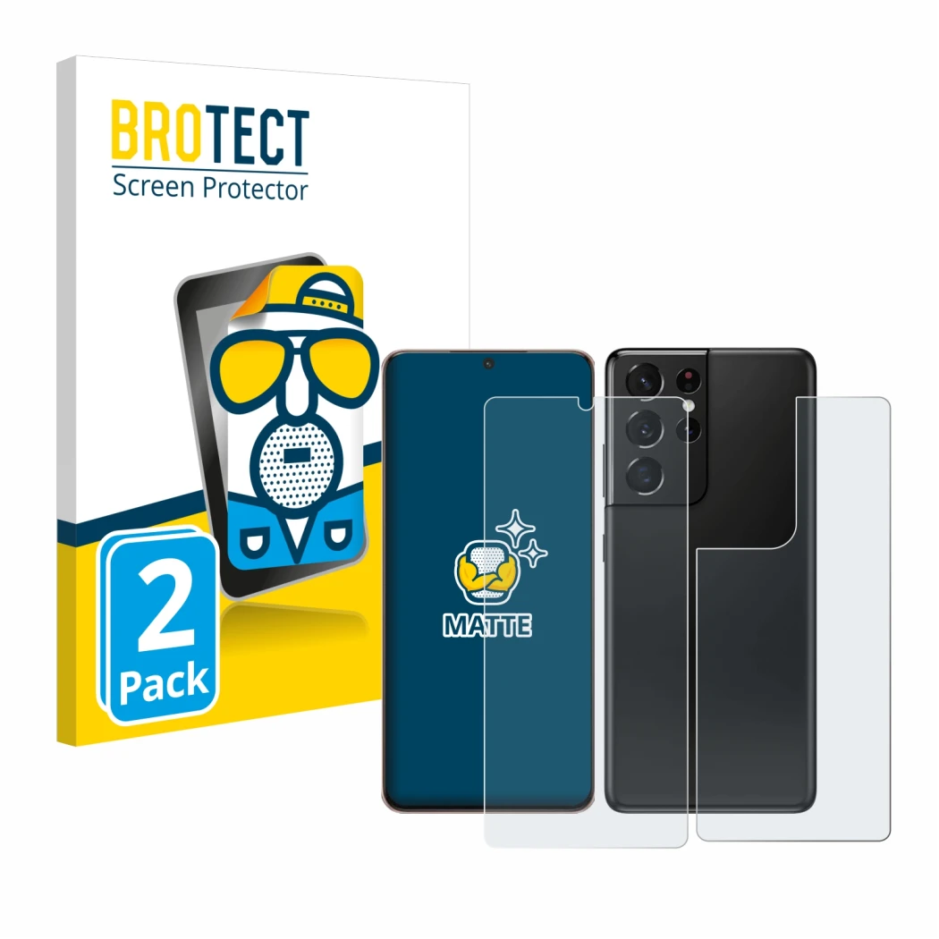 Front side of a product packaging with the brand logo BROTECT. Next to it is the device Samsung Galaxy S21 Ultra 5G (Front+Bac