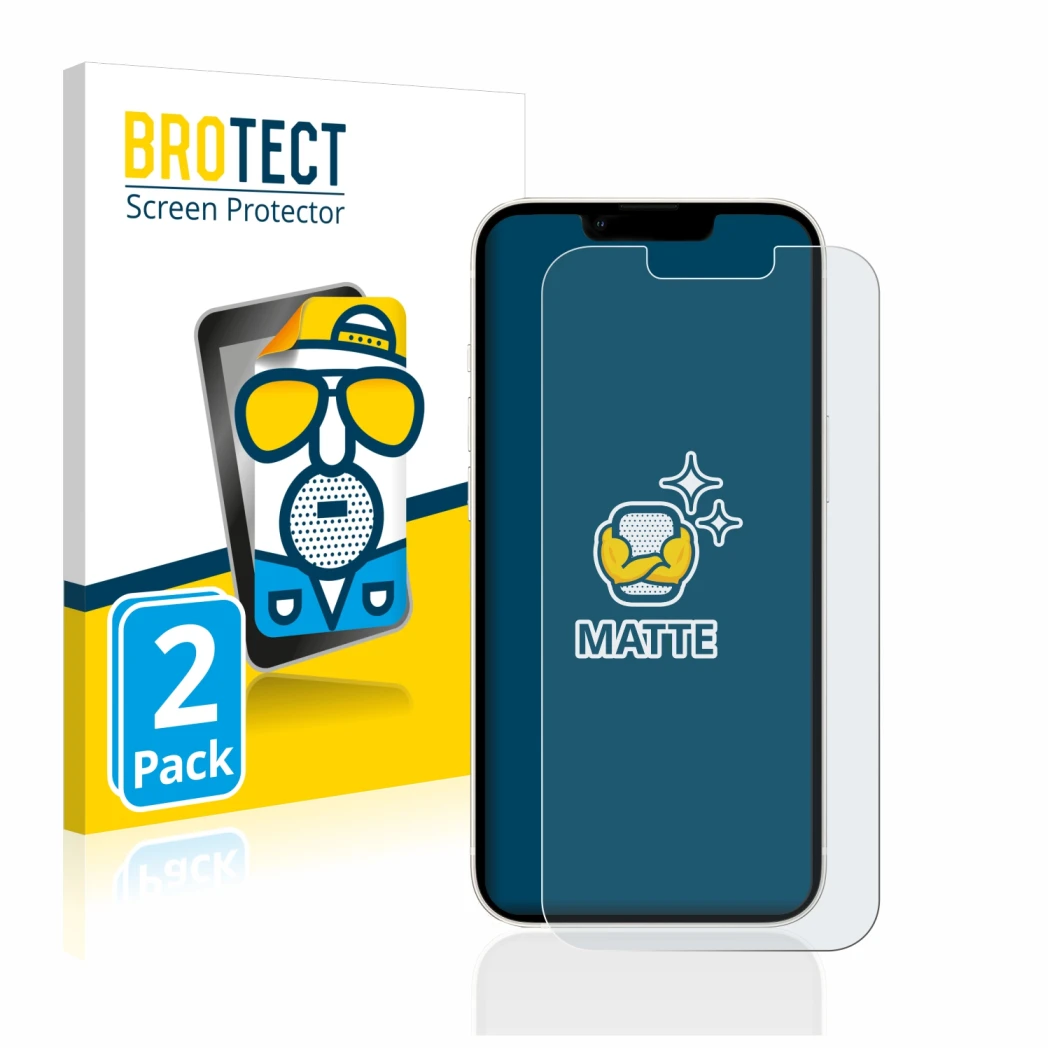 Front side of a product packaging with the brand logo BROTECT. Next to it is the device Apple iPhone 13 shown with the corresp