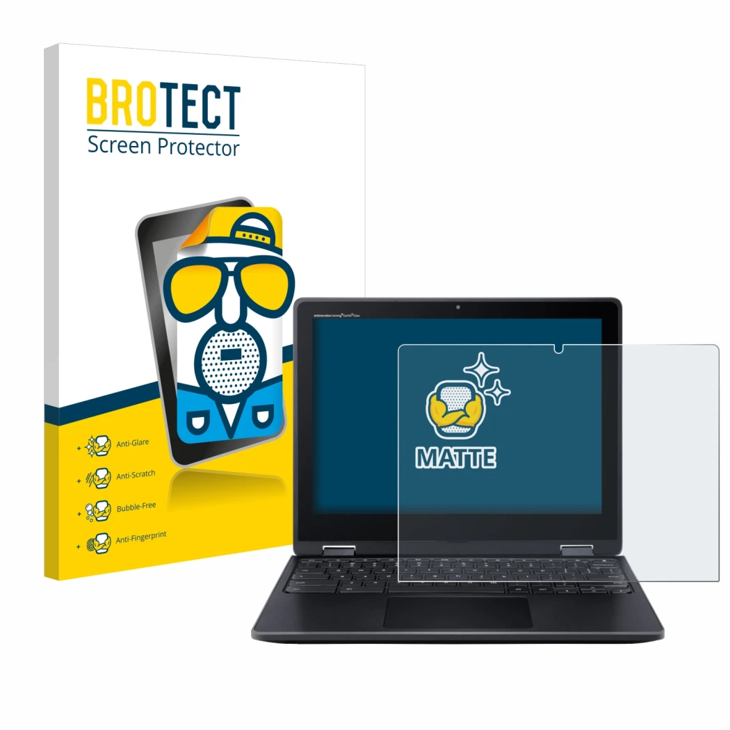 Front side of a product packaging with the brand logo BROTECT. Next to it is the device Acer Chromebook Spin 512 shown with th