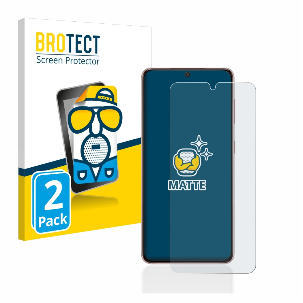Front side of a product packaging with the brand logo BROTECT. Next to it is the device Samsung Galaxy S21 shown with the corr