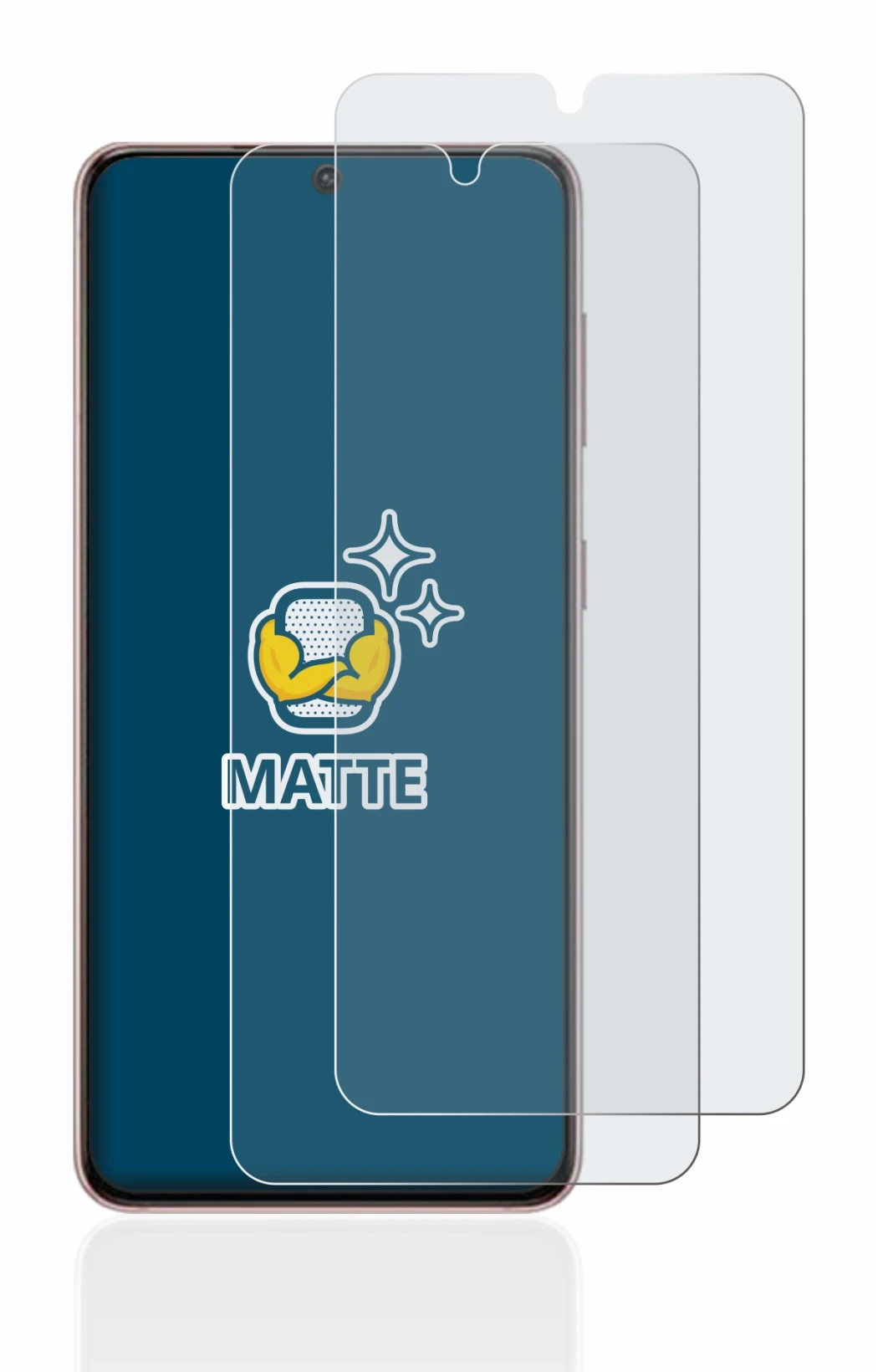 Image of the device Samsung Galaxy S21 with a wide variety of screen protectors.