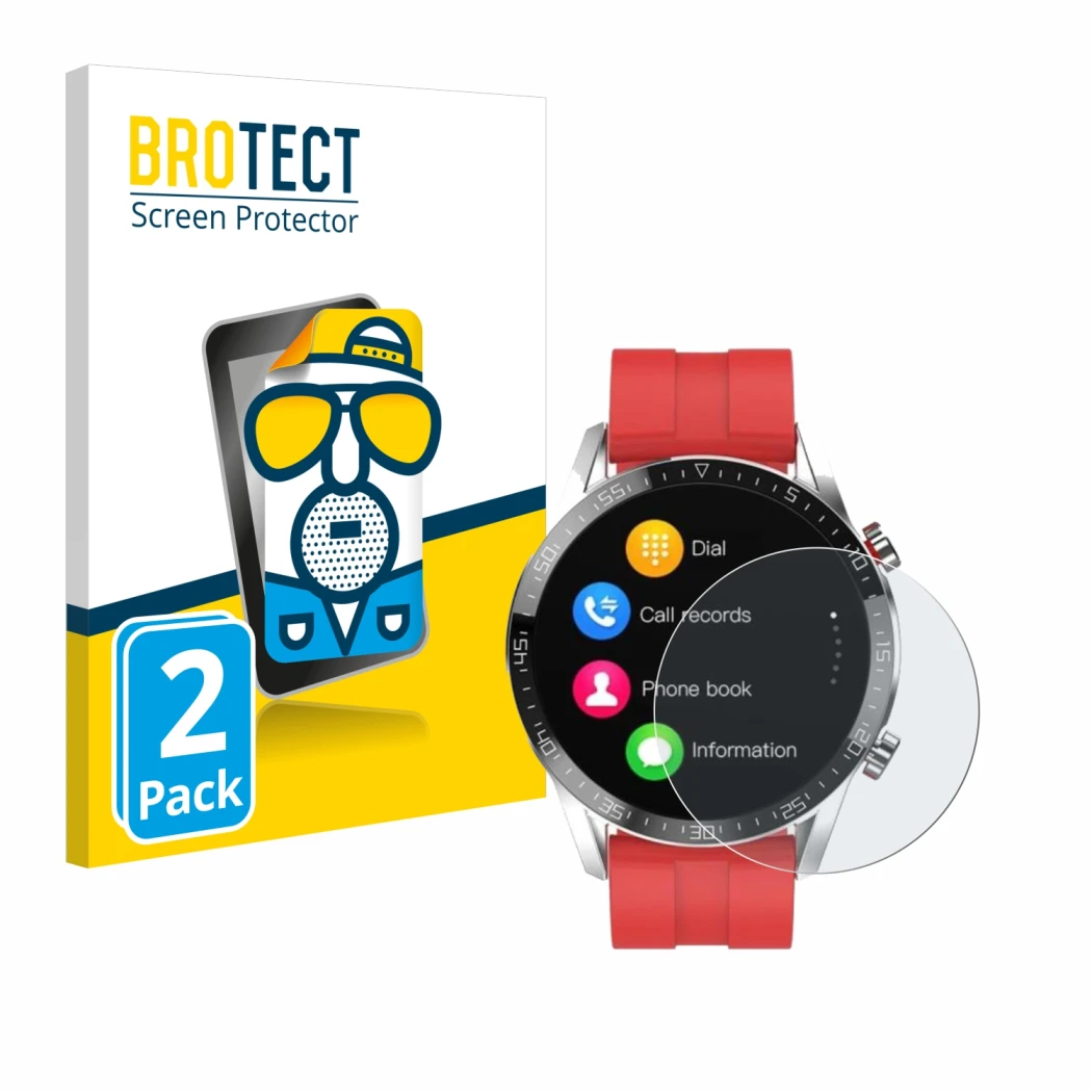 Front side of a product packaging with the brand logo BROTECT. Next to it is the device Gentleman Smartwatch shown with the co