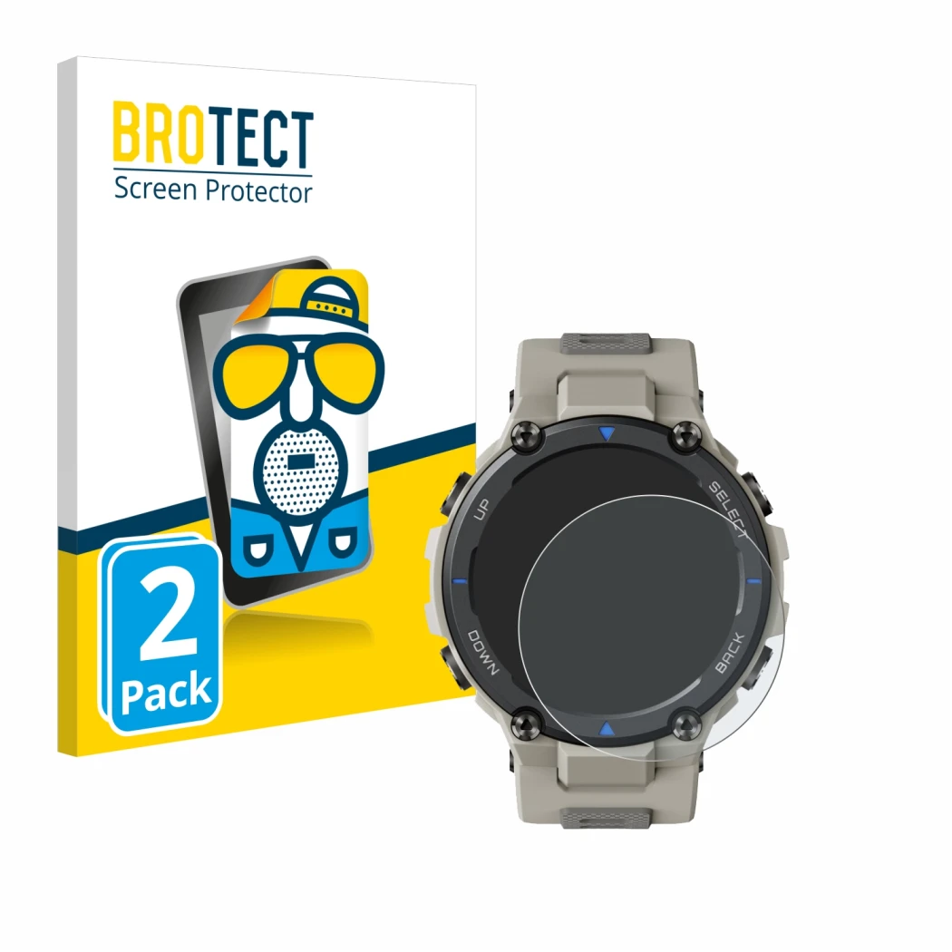 Front side of a product packaging with the brand logo BROTECT. Next to it is the device Huami Amazfit T-Rex Pro shown with the