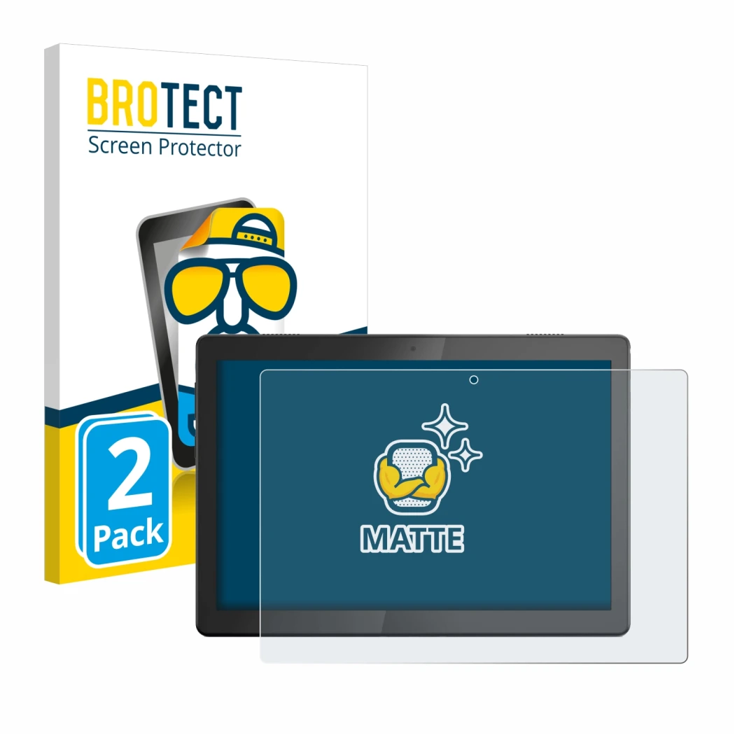 Front side of a product packaging with the brand logo BROTECT. Next to it is the device Lenovo Tab M10 TB-X505F shown with the