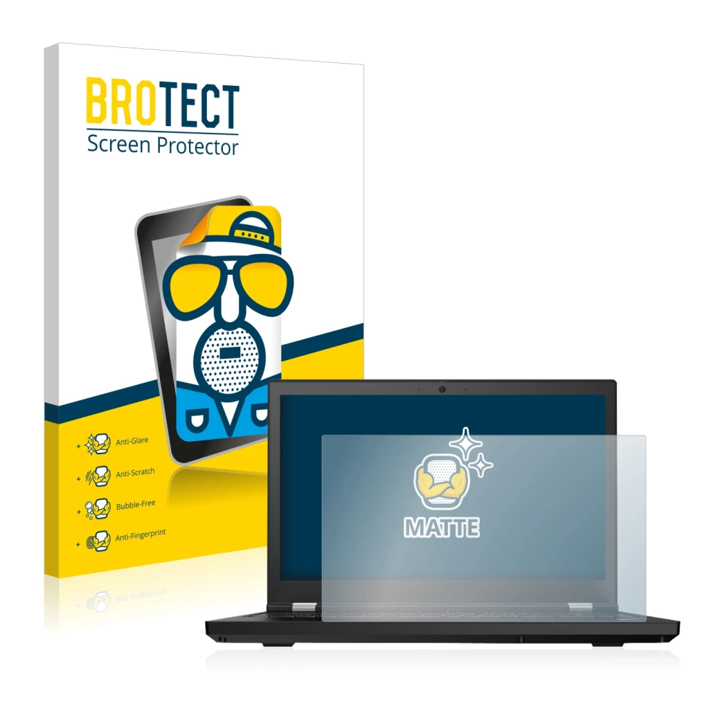 Front side of a product packaging with the brand logo BROTECT. Next to it is the device Lenovo ThinkPad P15 shown with the cor