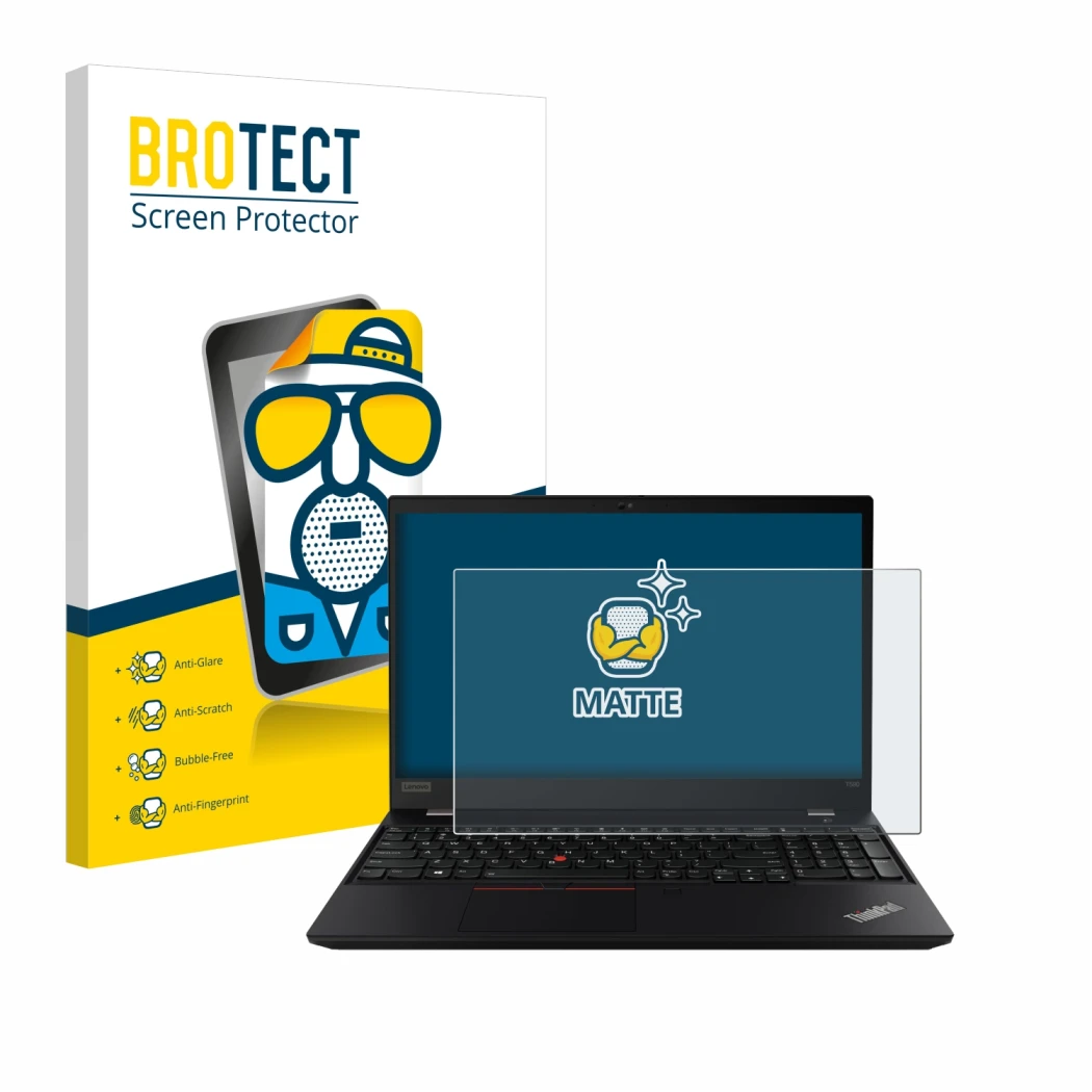 Front side of a product packaging with the brand logo BROTECT. Next to it is the device Lenovo ThinkPad P14s shown with the co