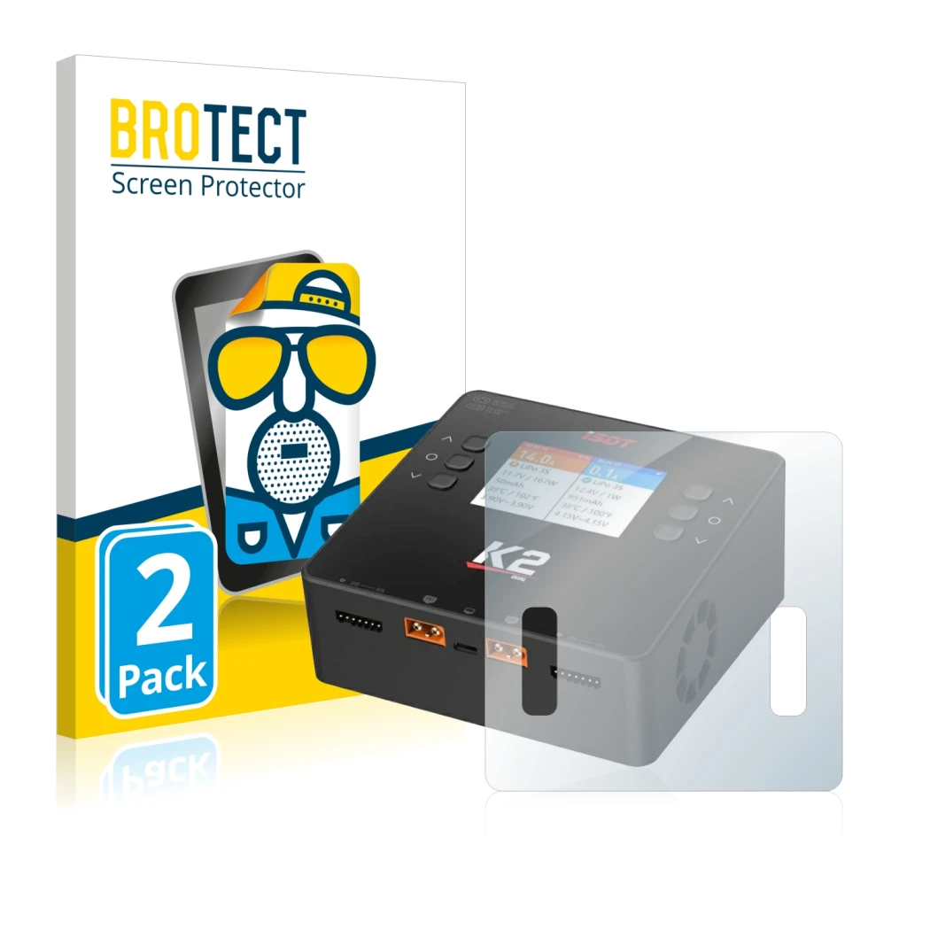 Front side of a product packaging with the brand logo BROTECT. Next to it is the device ISDT Smart Duo Charger K2 shown with t