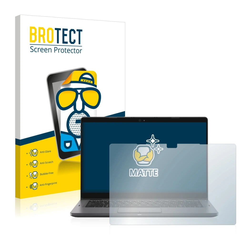 Front side of a product packaging with the brand logo BROTECT. Next to it is the device Dell Latitude 5310 2-in-1 shown with t