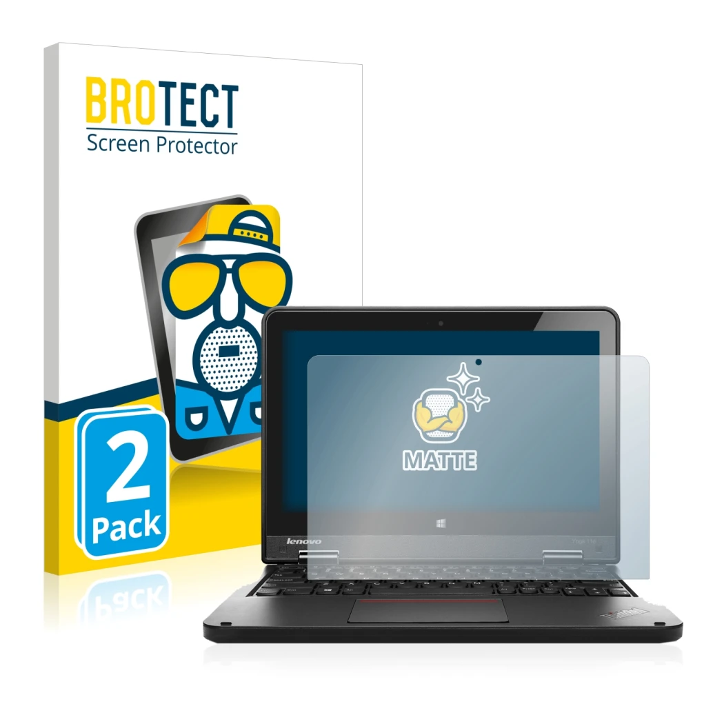 Front side of a product packaging with the brand logo BROTECT. Next to it is the device Lenovo ThinkPad Yoga 11e 6.Gen shown w