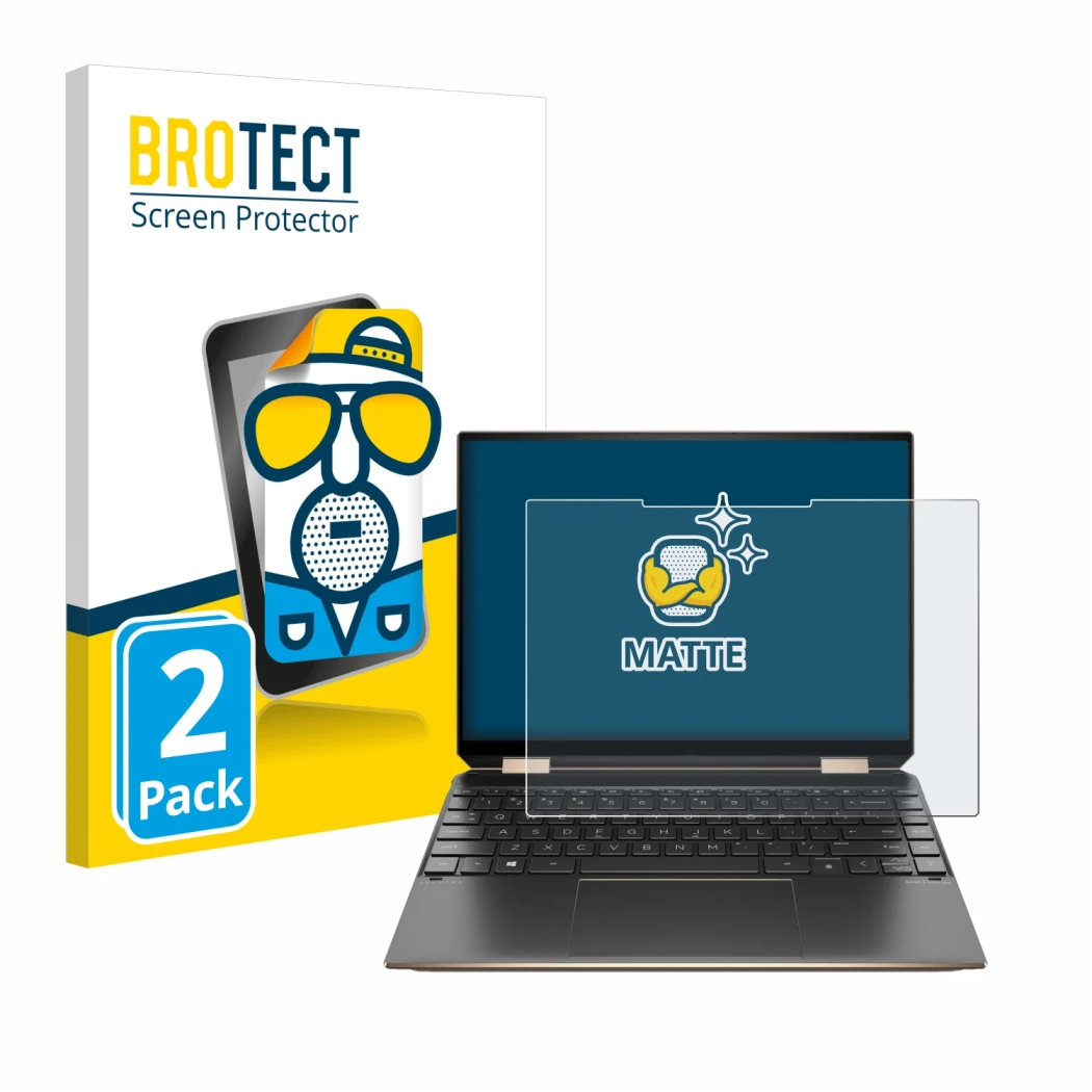 Front side of a product packaging with the brand logo BROTECT. Next to it is the device HP Spectre x360 (14-eX) 2021 shown wit