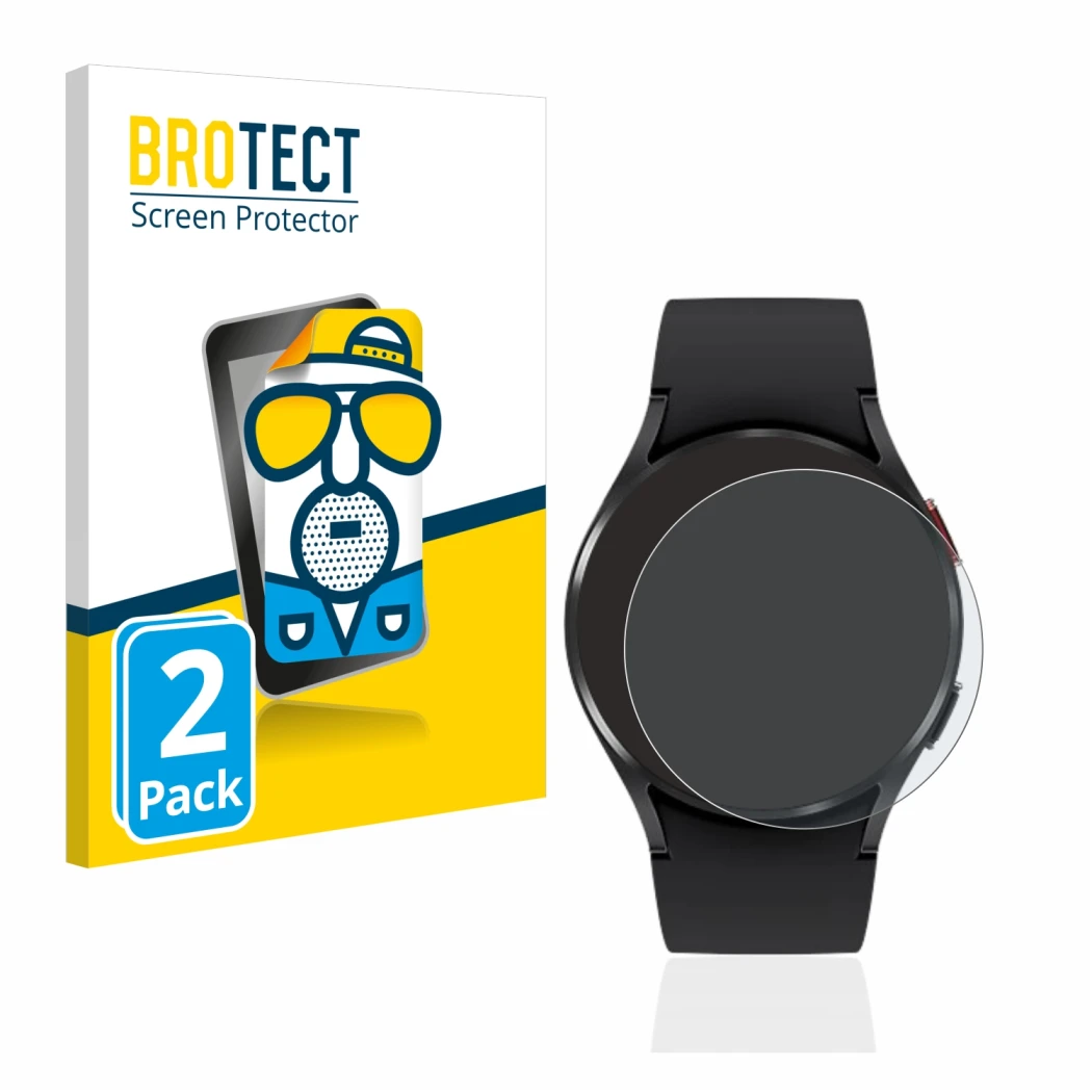 Front side of a product packaging with the brand logo BROTECT. Next to it is the device Samsung Galaxy Watch 4 (40mm) shown wi