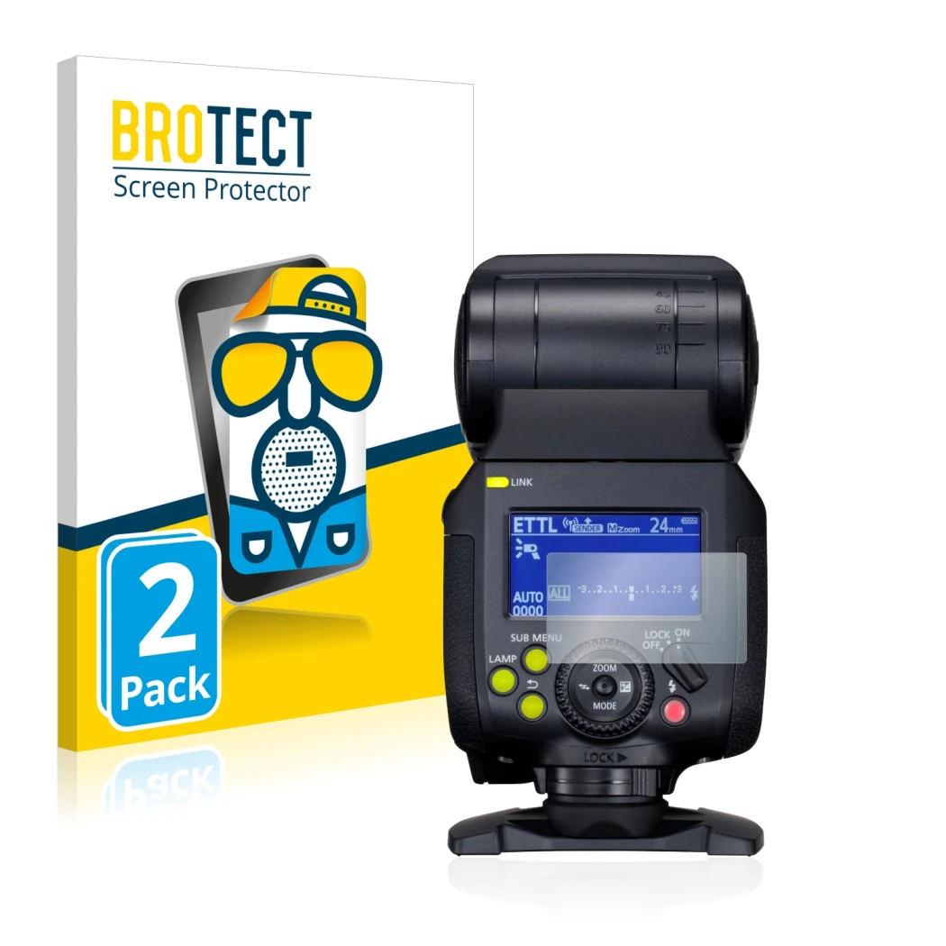 Front side of a product packaging with the brand logo BROTECT. Next to it is the device Canon Speedlite EL-1 shown with the co