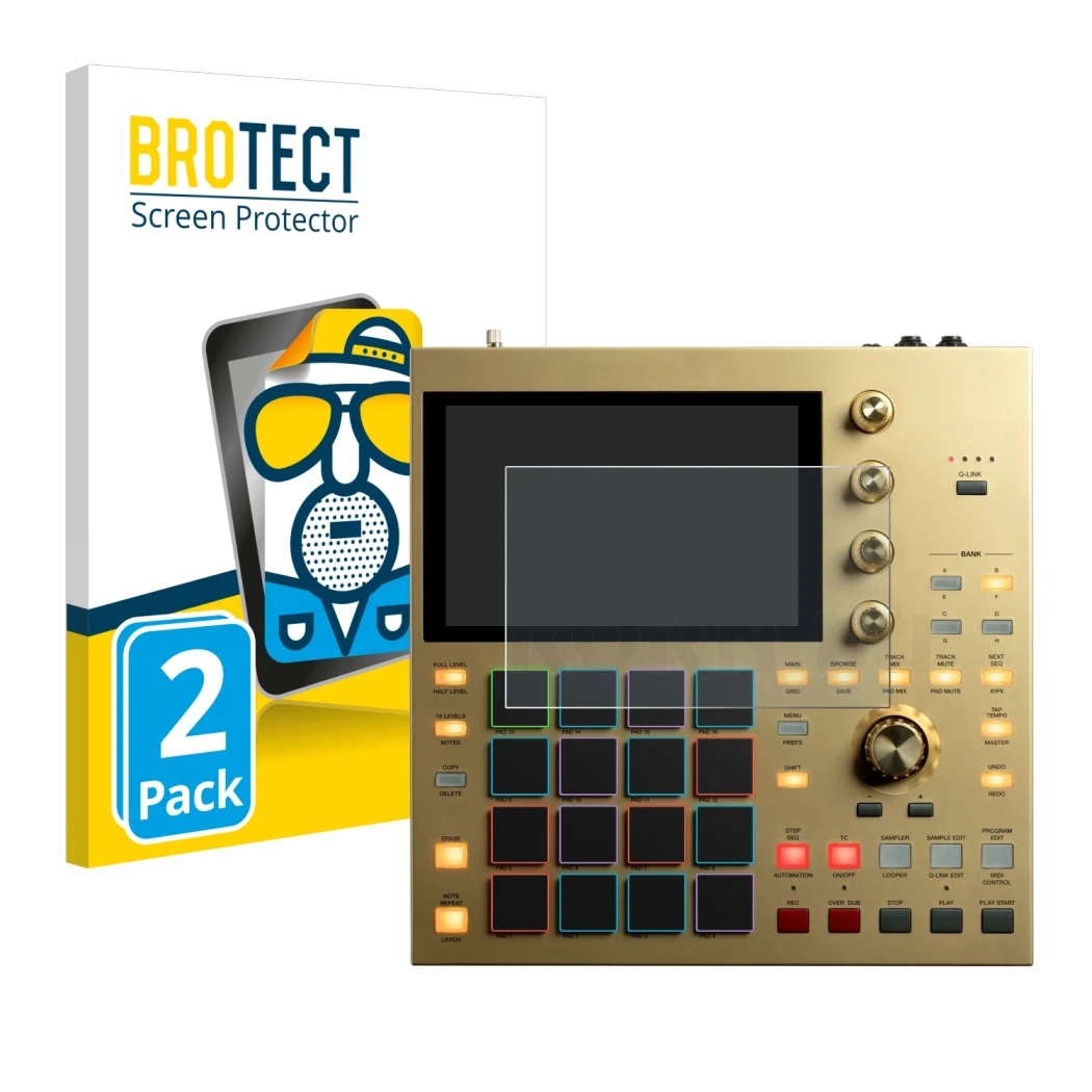 Front side of a product packaging with the brand logo BROTECT. Next to it is the device Akai MPC One shown with the correspond
