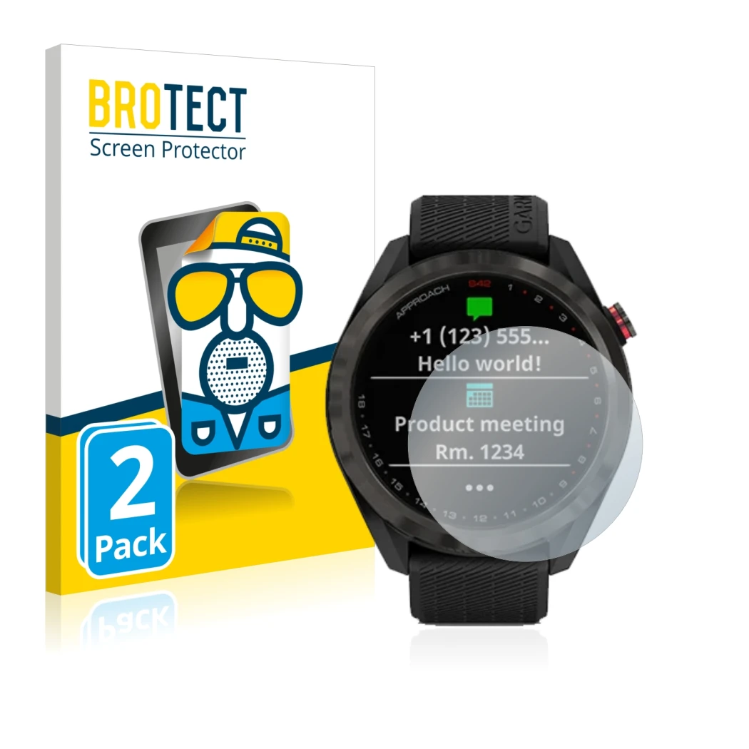Front side of a product packaging with the brand logo BROTECT. Next to it is the device Garmin Approach S42 shown with the cor