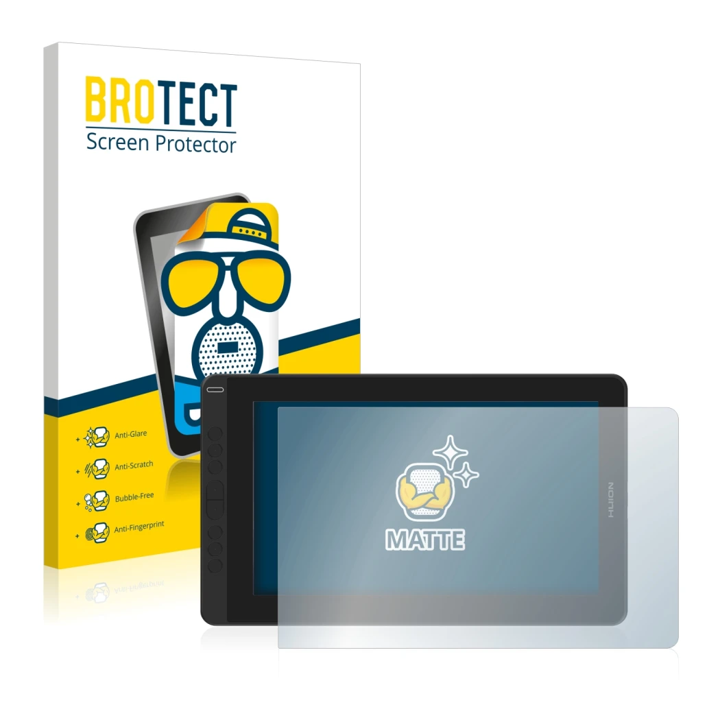 Front side of a product packaging with the brand logo BROTECT. Next to it is the device Huion Kamvas 13 shown with the corresp