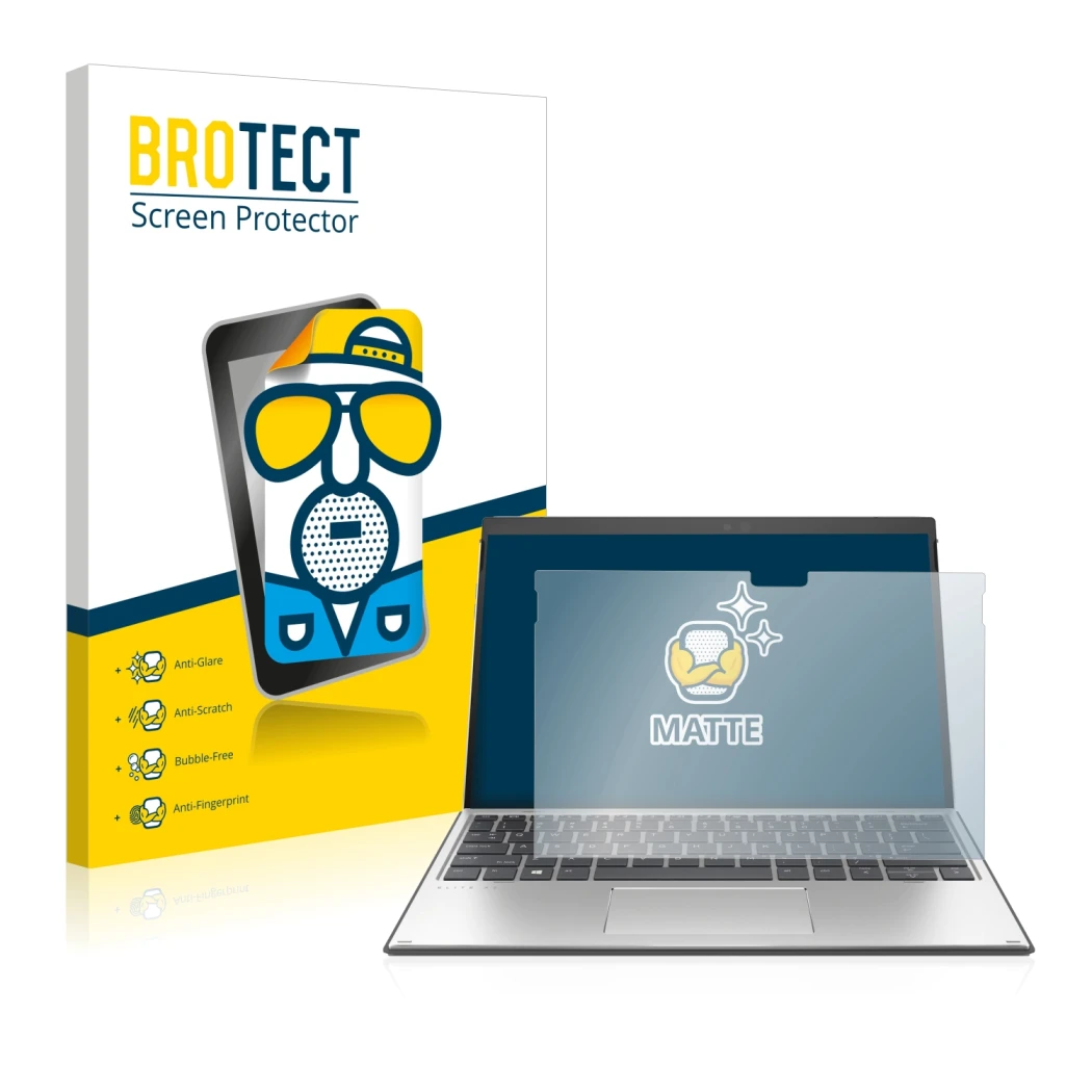 Front side of a product packaging with the brand logo BROTECT. Next to it is the device HP Elite x2 G8 shown with the correspo