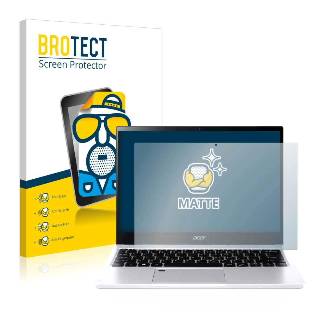 Front side of a product packaging with the brand logo BROTECT. Next to it is the device Acer Spin 3 SP313-51N shown with the c