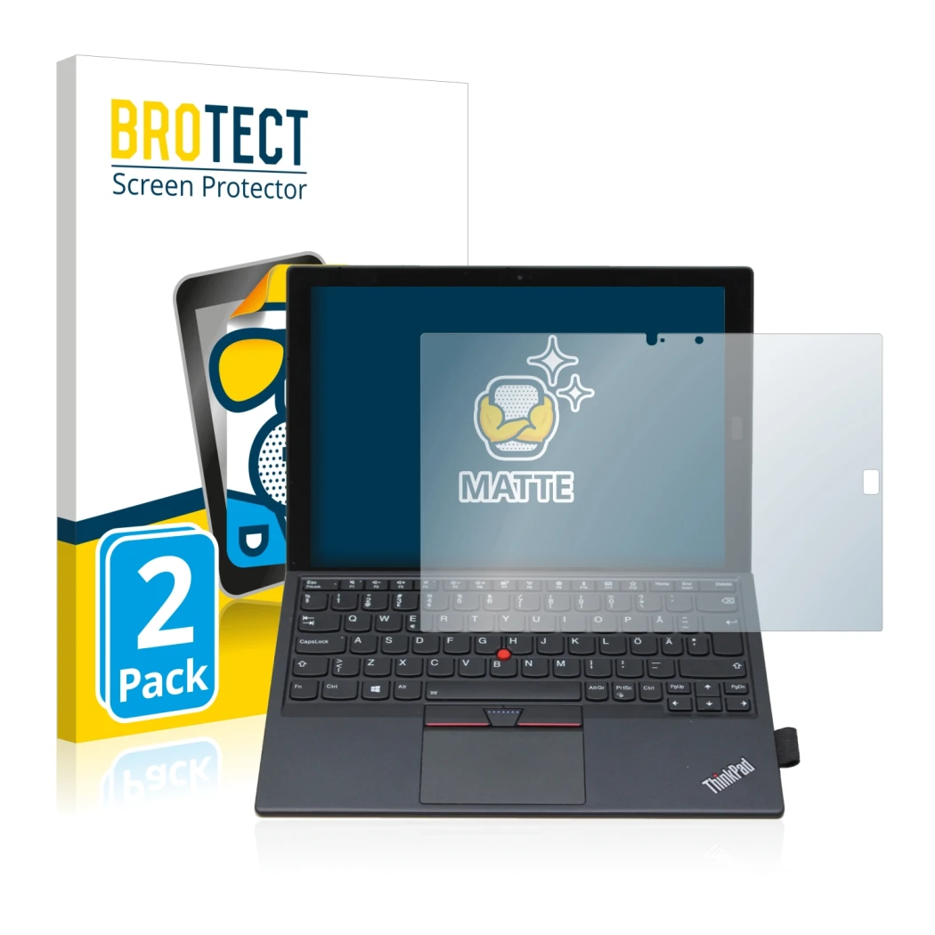 Front side of a product packaging with the brand logo BROTECT. Next to it is the device Lenovo ThinkPad X1 Tablet Gen 2 shown