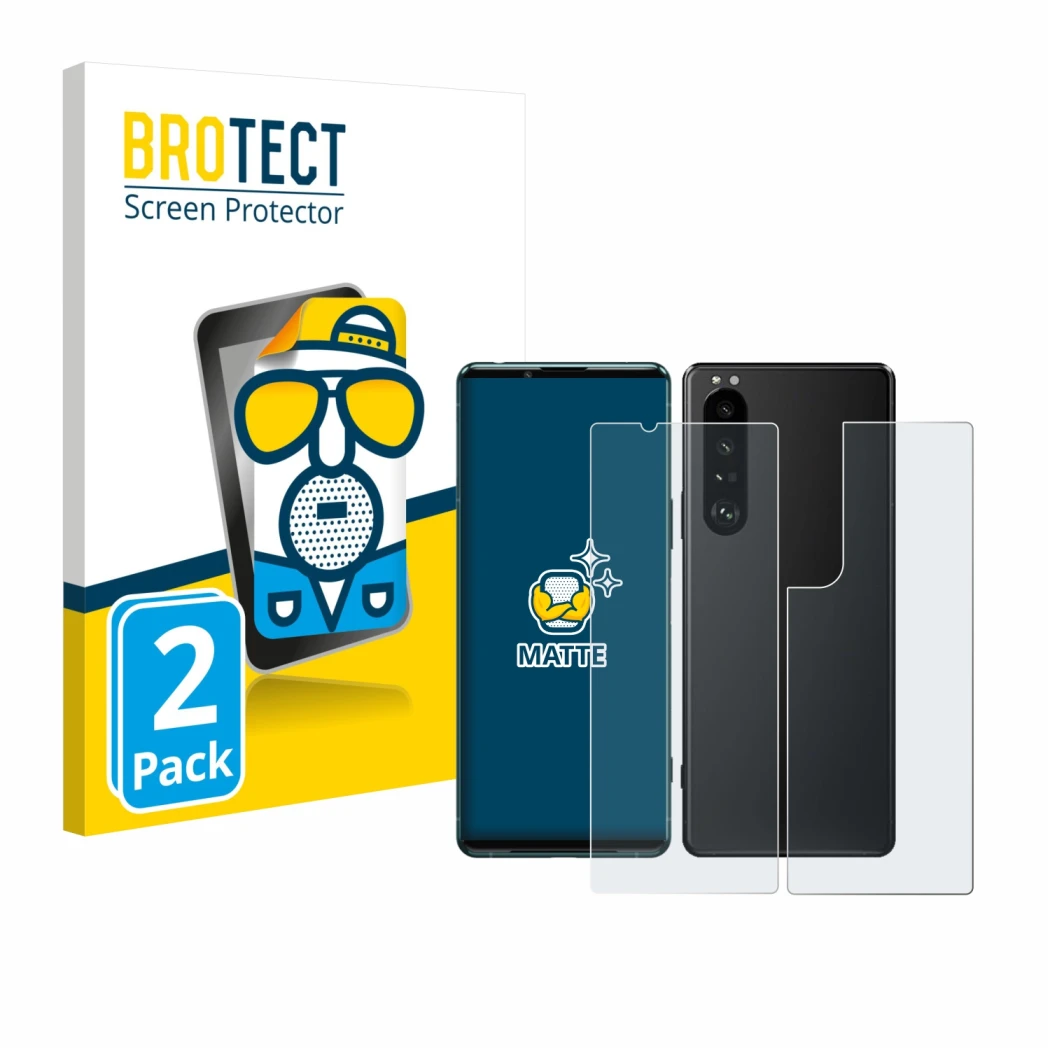 Front side of a product packaging with the brand logo BROTECT. Next to it is the device Sony Xperia 5 III (Front+Back) shown w