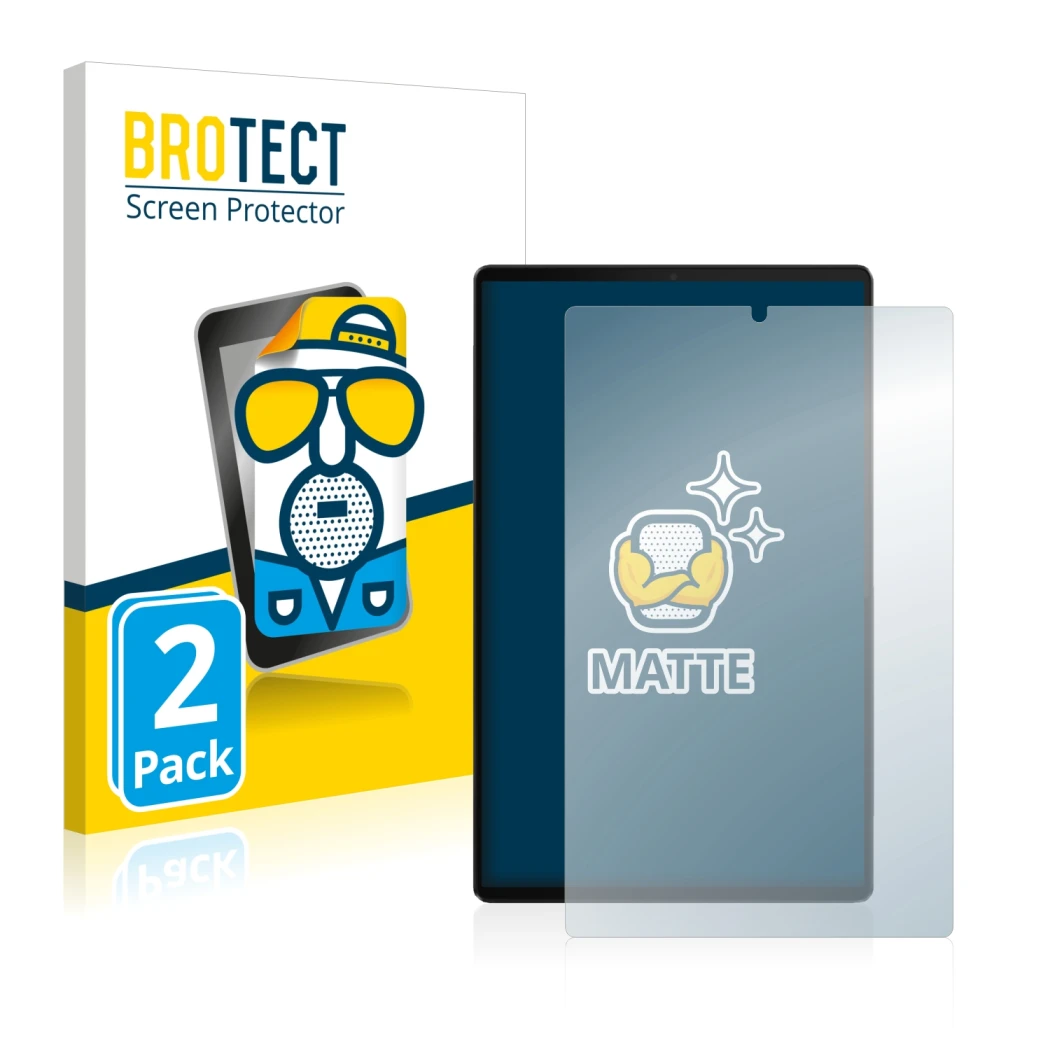 Front side of a product packaging with the brand logo BROTECT. Next to it is the device Lenovo Tab M10 FHD Plus shown with the
