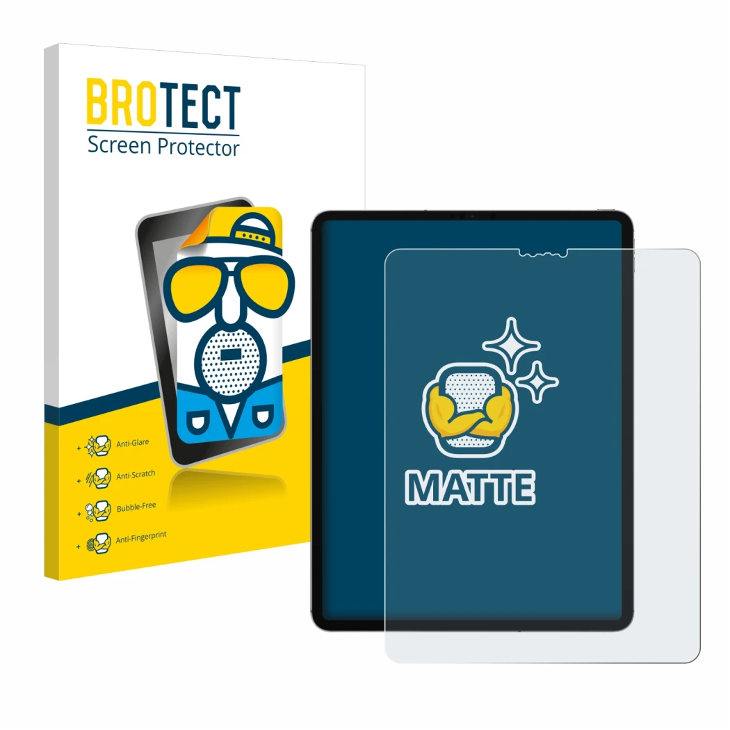 Front side of a product packaging with the brand logo BROTECT. Next to it is the device Apple iPad Pro 12.9