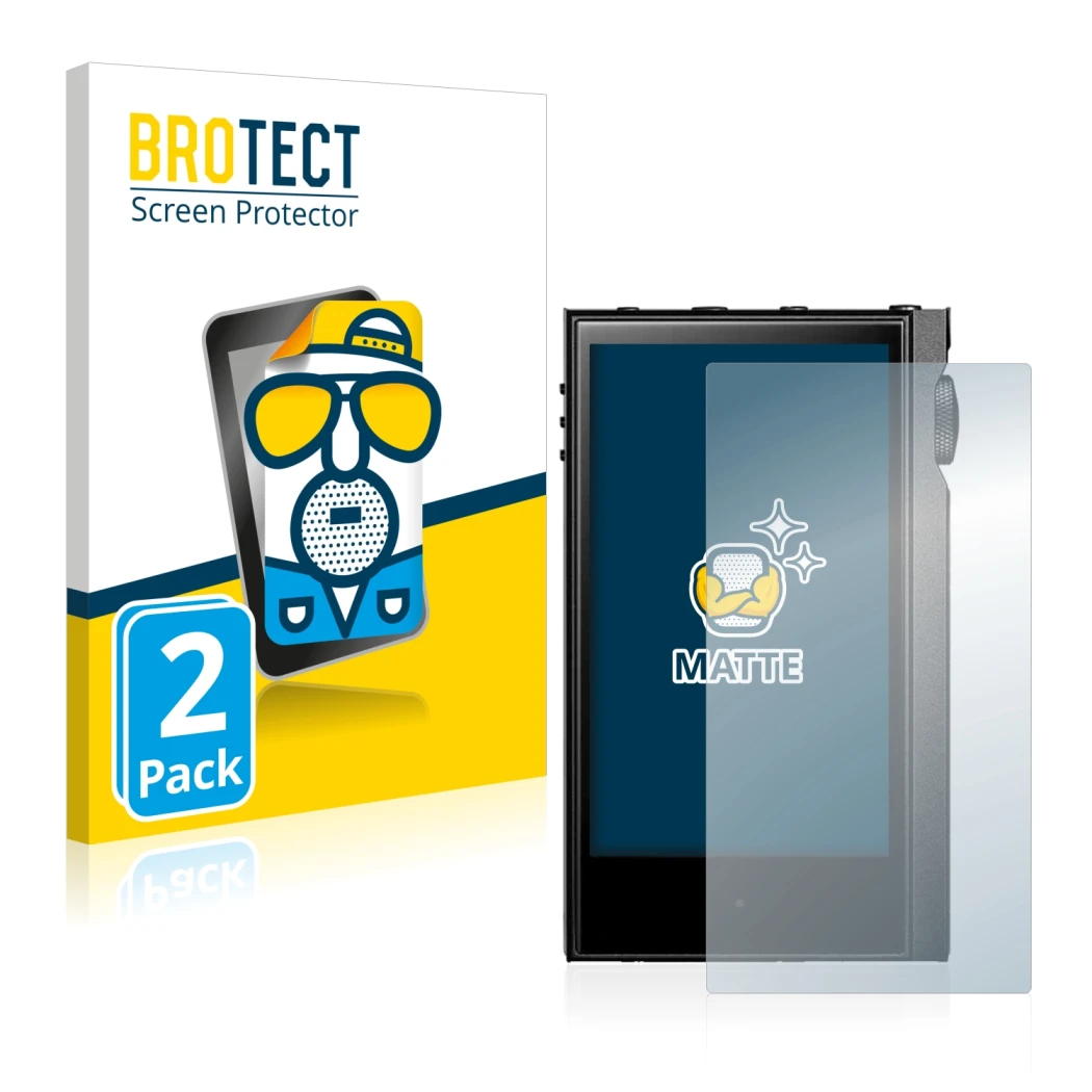 Front side of a product packaging with the brand logo BROTECT. Next to it is the device Astell&Kern Kann Alpha shown with the 