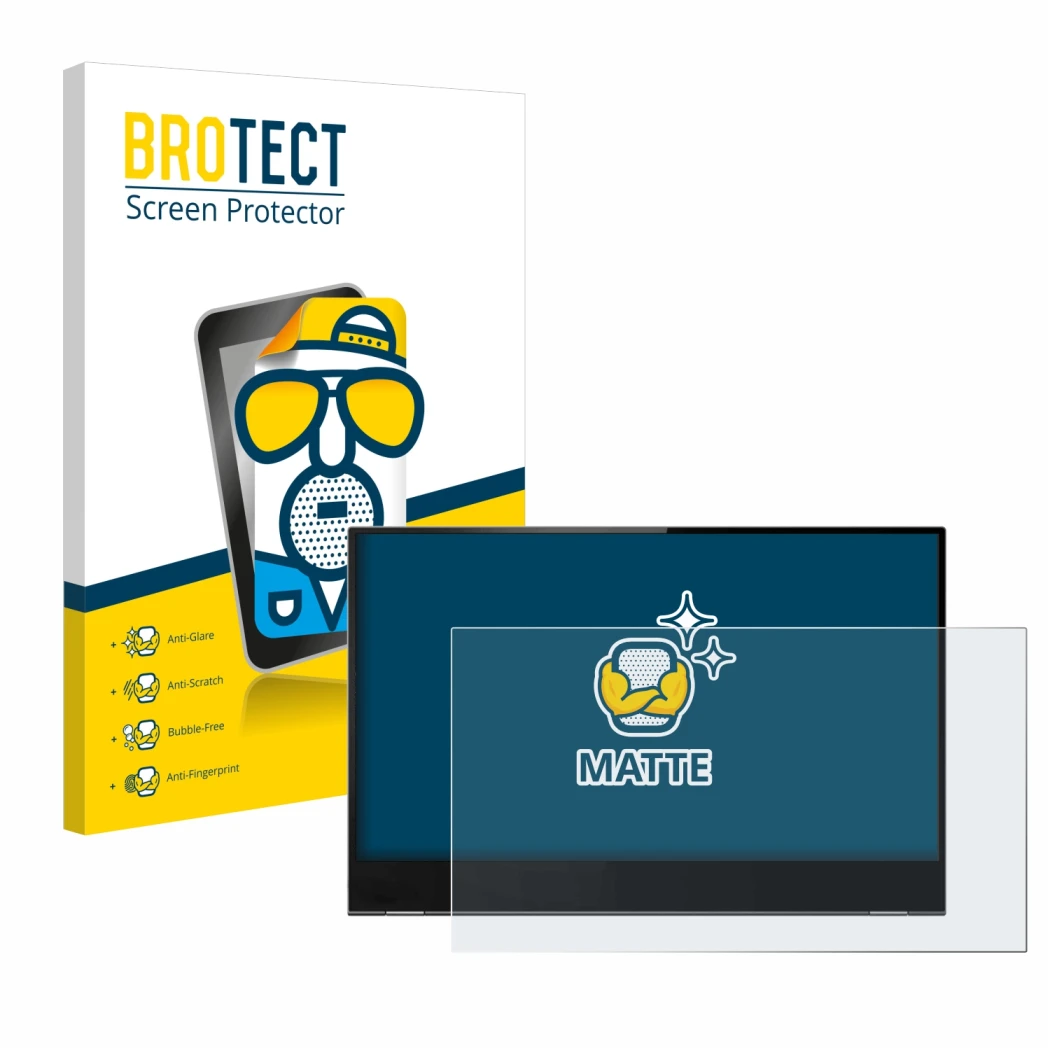 Front side of a product packaging with the brand logo BROTECT. Next to it is the device Lenovo ThinkVision M14t shown with the