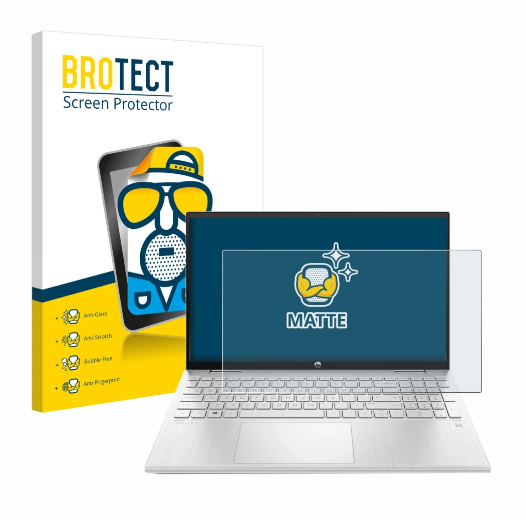 Front side of a product packaging with the brand logo BROTECT. Next to it is the device HP ProBook 440 G8 shown with the corre