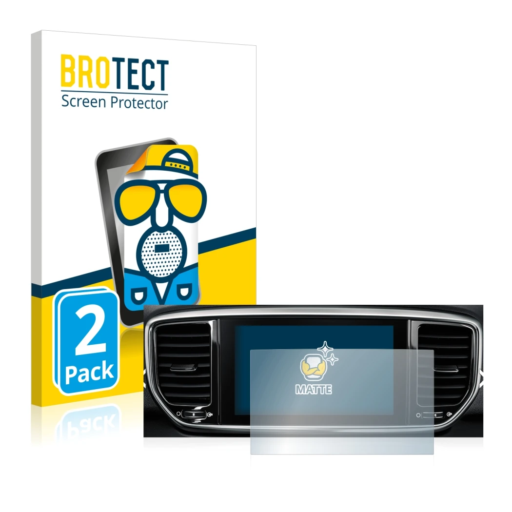 Front side of a product packaging with the brand logo BROTECT. Next to it is the device Kia Sportage QLPE 2020 Infotainment Sy