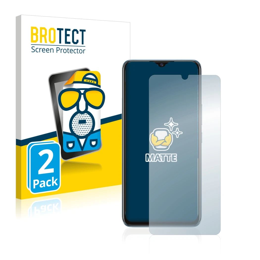 Front side of a product packaging with the brand logo BROTECT. Next to it is the device Vivo Y70 shown with the corresponding 