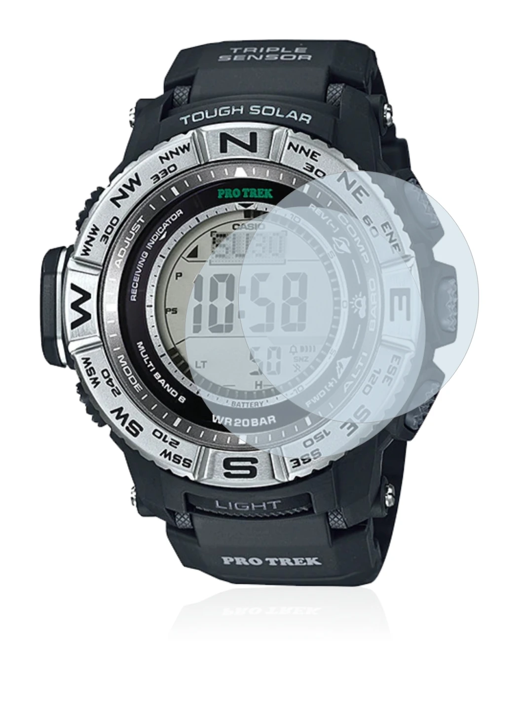 Image of the device Casio Pro Trek PRW-3500-1 with a wide variety of screen protectors.