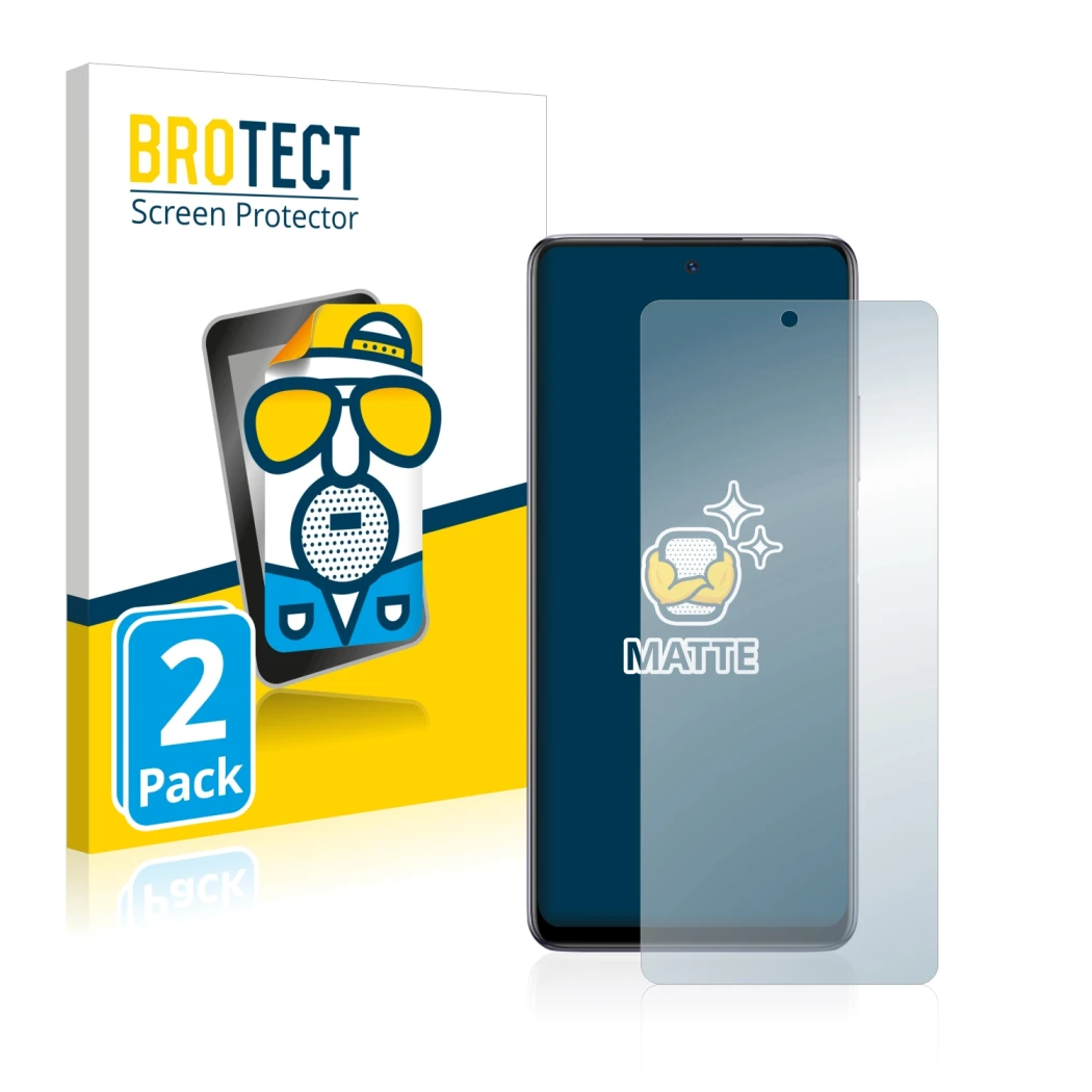 Front side of a product packaging with the brand logo BROTECT. Next to it is the device Infinix Note 10 Pro shown with the cor