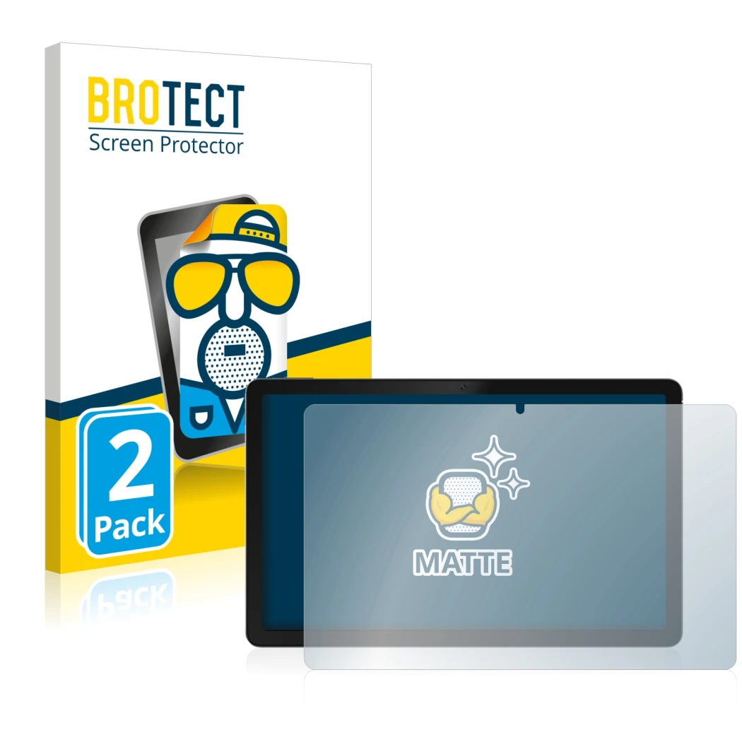 Front side of a product packaging with the brand logo BROTECT. Next to it is the device realme Pad shown with the correspondin