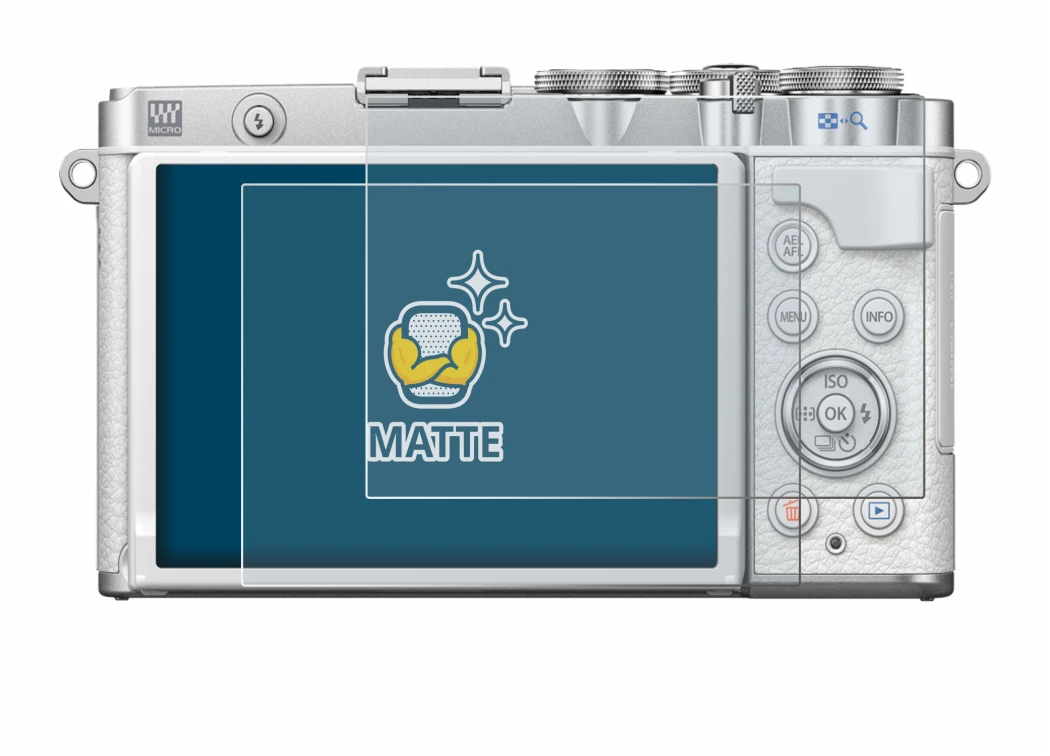 Image of the device Olympus PEN E-P7 with a wide variety of screen protectors.