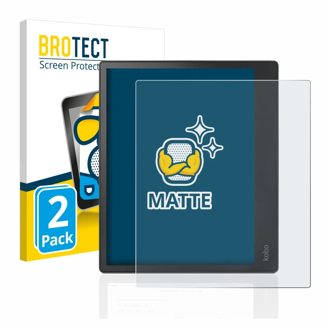 Front side of a product packaging with the brand logo BROTECT. Next to it is the device Kobo Elipsa shown with the correspondi