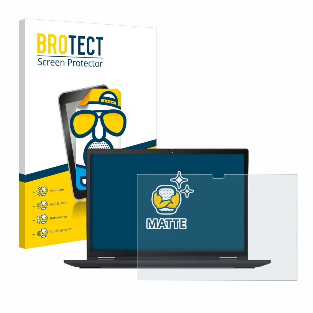 Front side of a product packaging with the brand logo BROTECT. Next to it is the device Lenovo ThinkPad X13 Yoga Gen 2 shown w