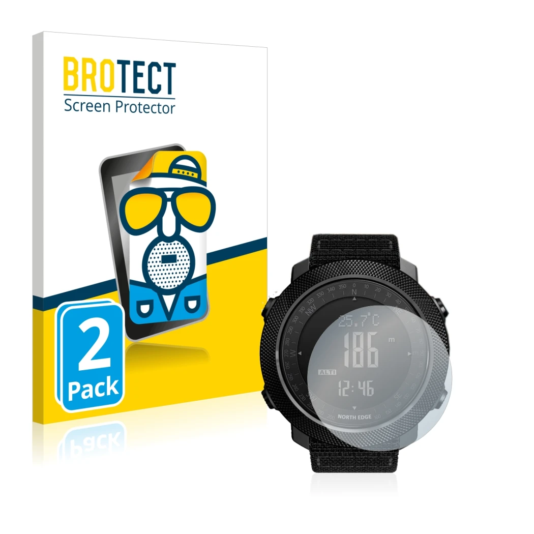 Front side of a product packaging with the brand logo BROTECT. Next to it is the device Explopur North Edge Apache shown with