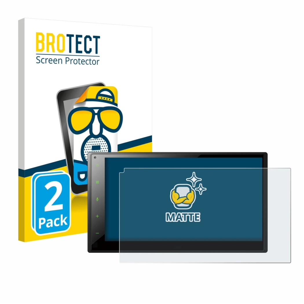 Front side of a product packaging with the brand logo BROTECT. Next to it is the device Pioneer SPH-DA160DAB shown with the co