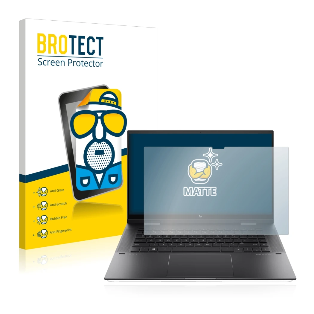 Front side of a product packaging with the brand logo BROTECT. Next to it is the device HP Envy x360 (15-eX) (359 mm x 228.2 m