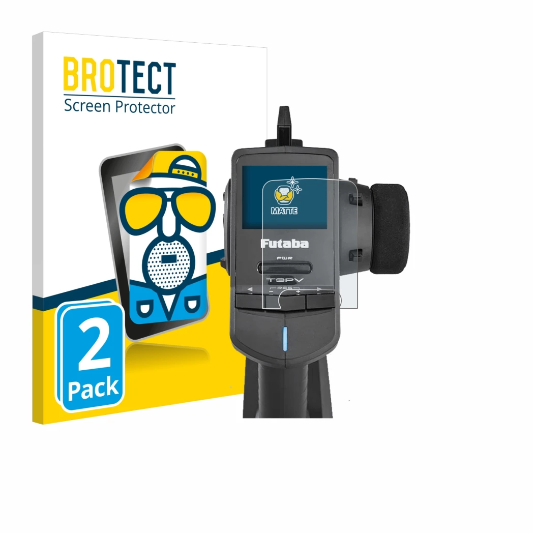 Front side of a product packaging with the brand logo BROTECT. Next to it is the device Futaba T3PV shown with the correspondi